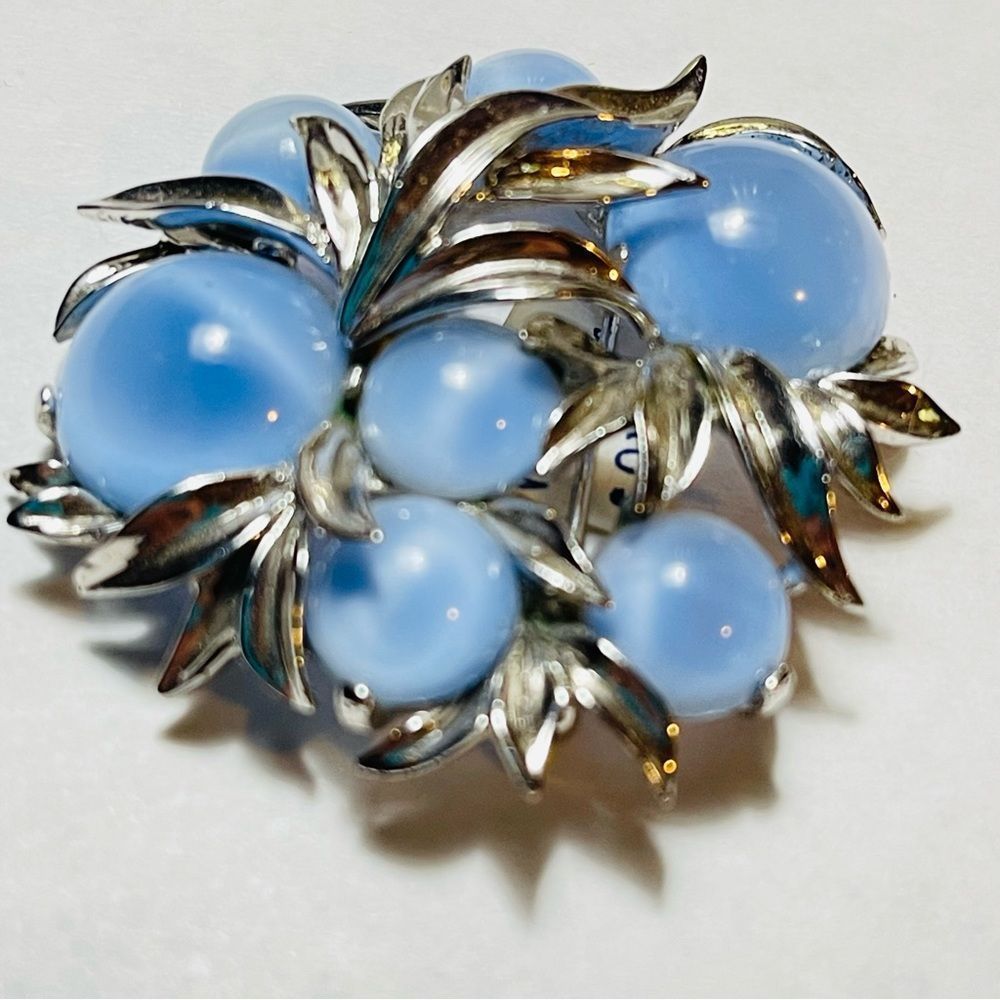 Vintage Sterling Silver & Blue Moonstone Brooch Pin Art Deco Floral Esta…